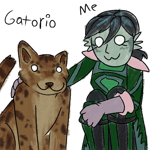 a scribbled drawing of willow with her jungle stalker. willow is labeled as 'me', and the jungle stalker is labeled 'gatorio'